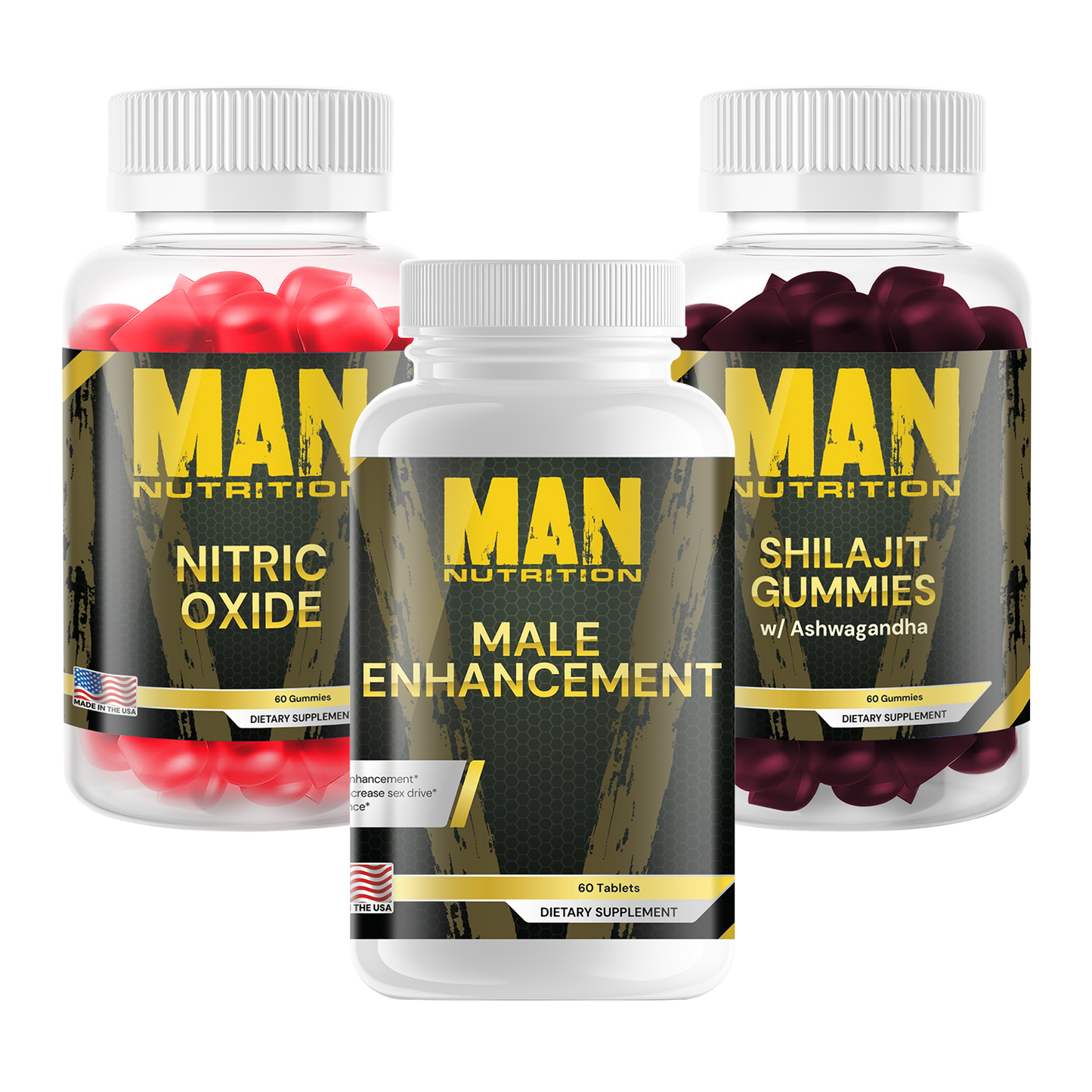 Three bottles of Man Nutrition supplements on a white background