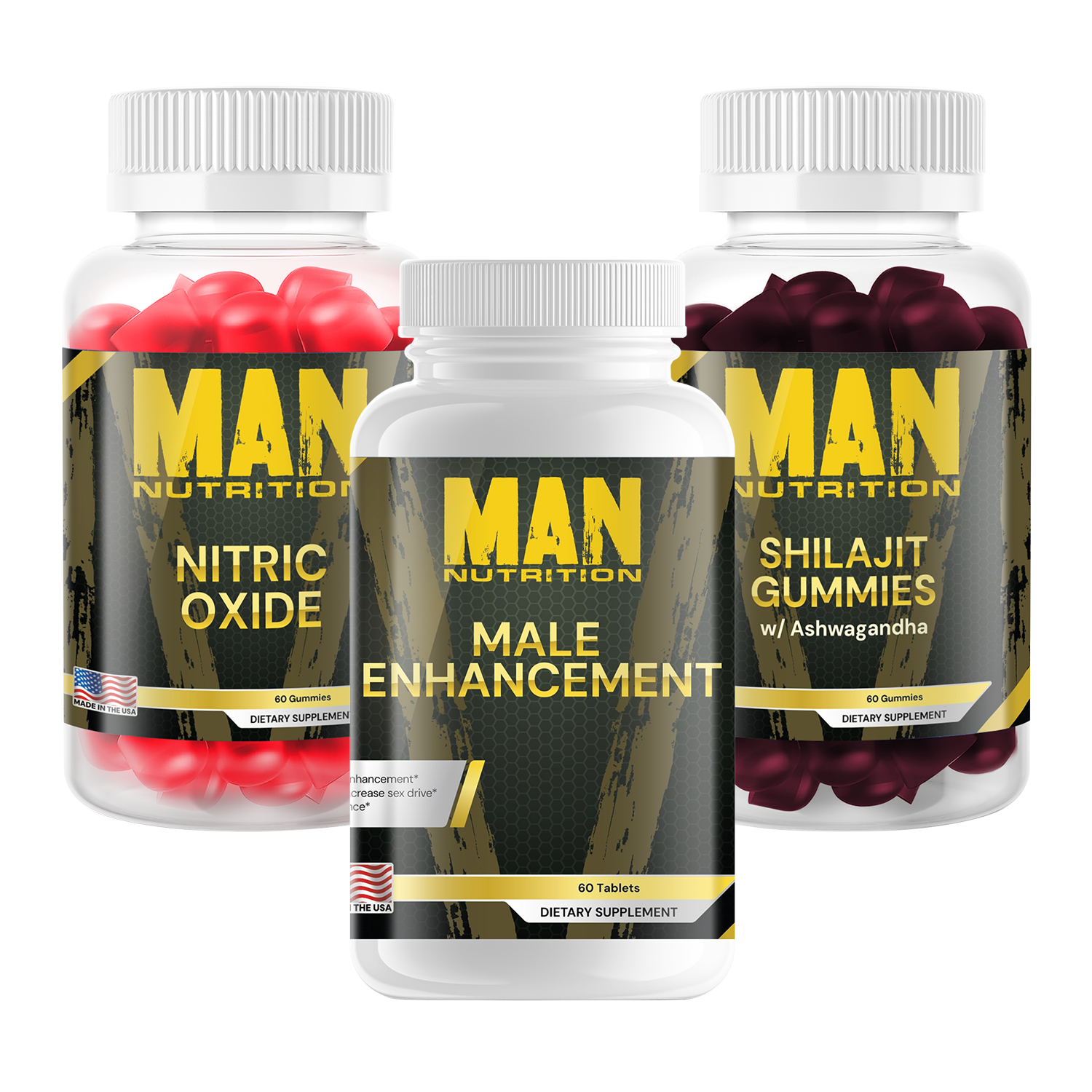 Three bottles of Man Nutrition supplements on a white background
