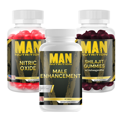 Three bottles of Man Nutrition supplements on a white background
