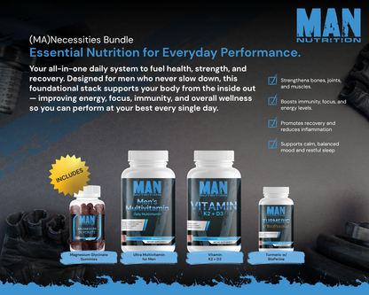 Advertisement for MAN Nutrition products on a dark background with product packaging displayed.