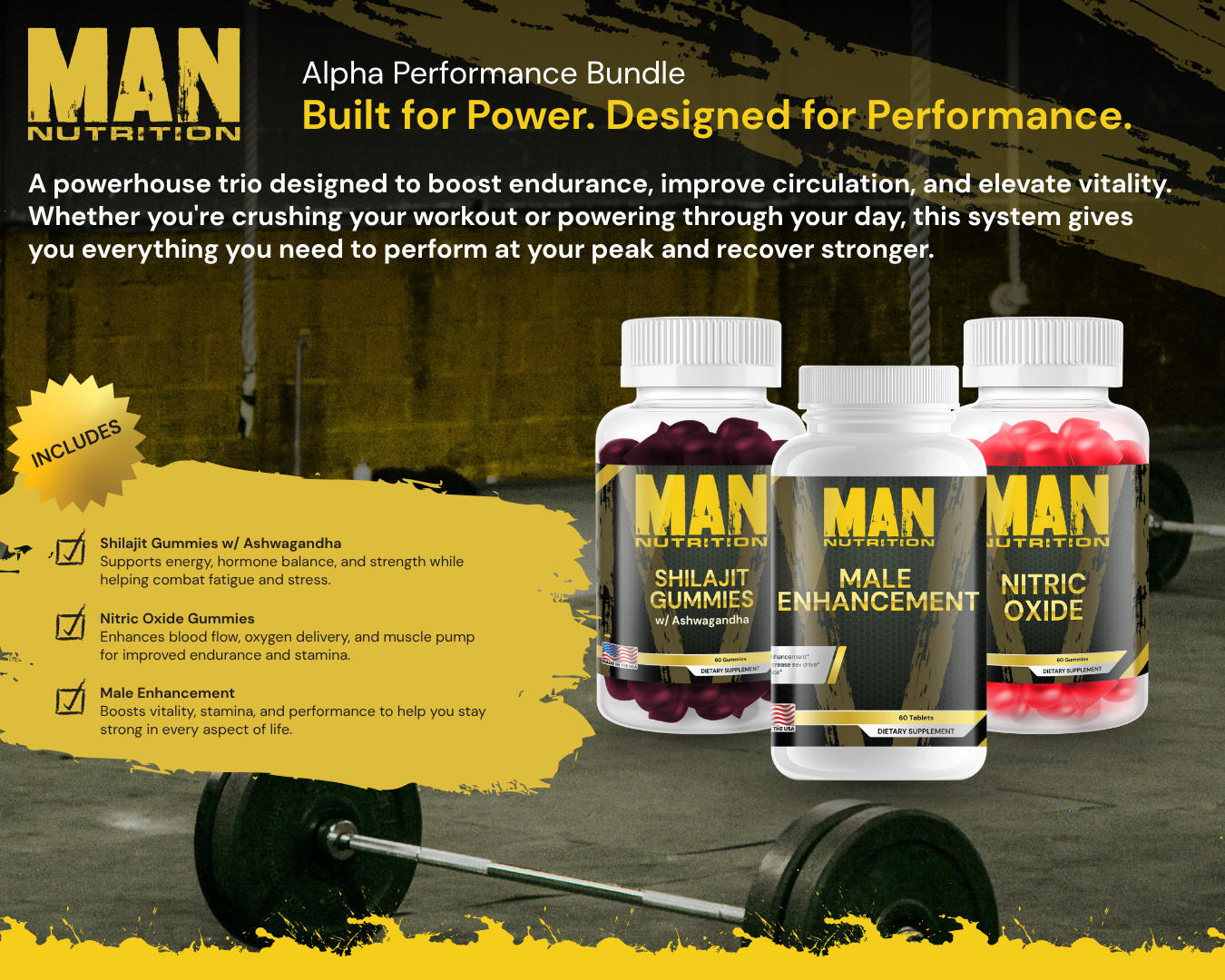 Man Nutrition supplement bottles with a gym background, highlighting power and performance.
