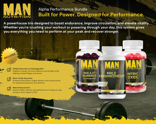 Man Nutrition supplement bottles with a gym background, highlighting power and performance.