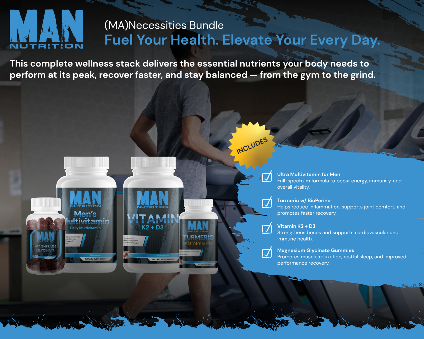 Advertisement for MAN Nutrition wellness stack with products and text on a blue background.