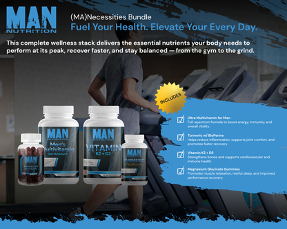 Advertisement for MAN Nutrition wellness stack with products and text on a blue background.