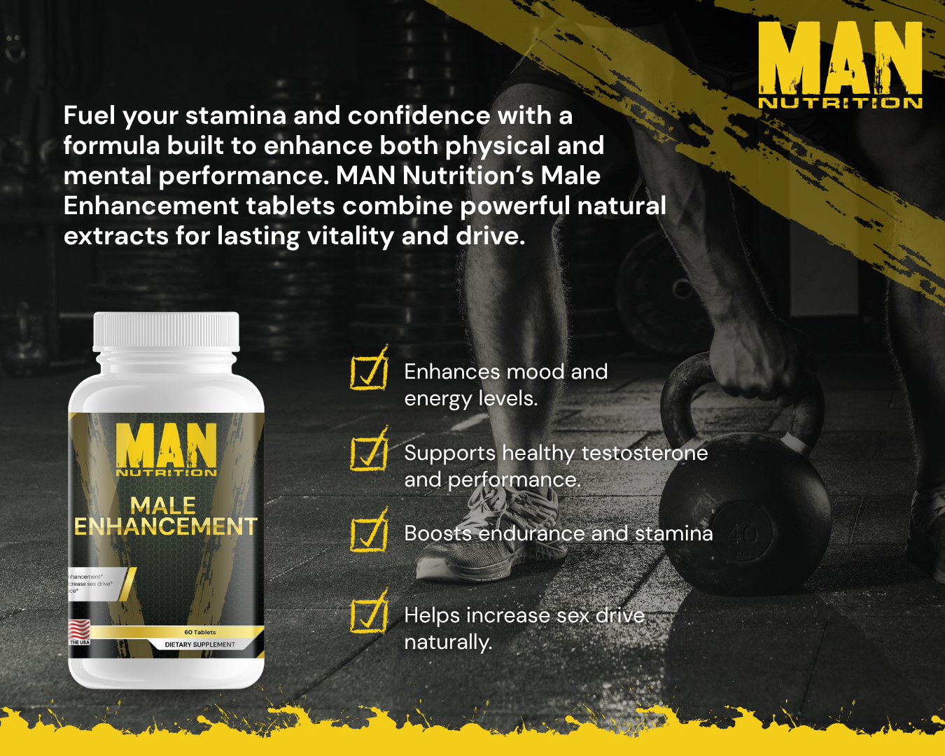 MAN Nutrition Male Enhancement supplement bottle with promotional text and images of a person lifting weights.