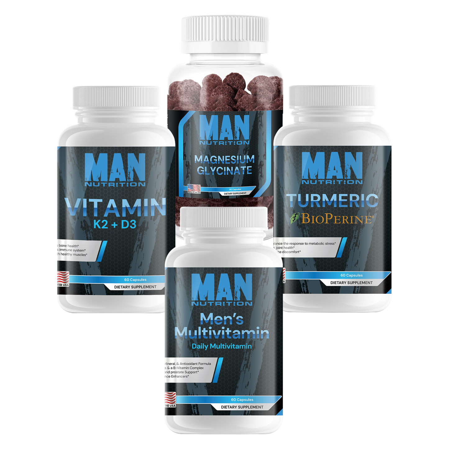 Man Nutrition supplement bottles on a white background
