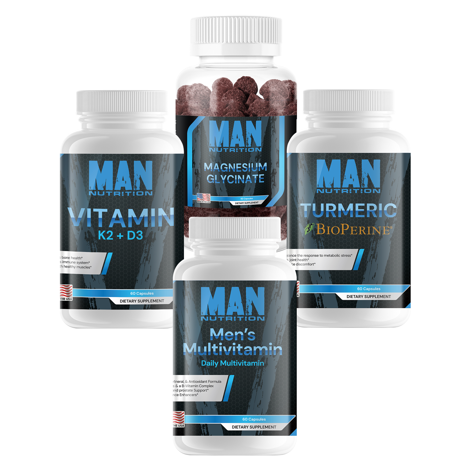Man Nutrition supplement bottles on a white background
