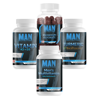 Man Nutrition supplement bottles on a white background