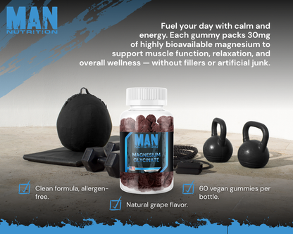 MAN Nutrition magnesium gummy packaging with exercise equipment on a gray background