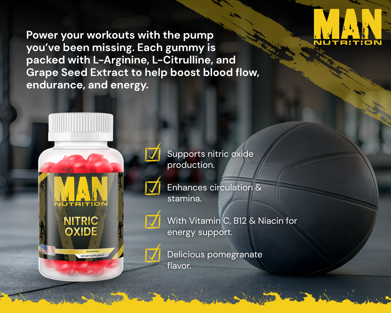 MAN Nutrition Nitric Oxide gummy supplement bottle with a basketball on a gym floor.