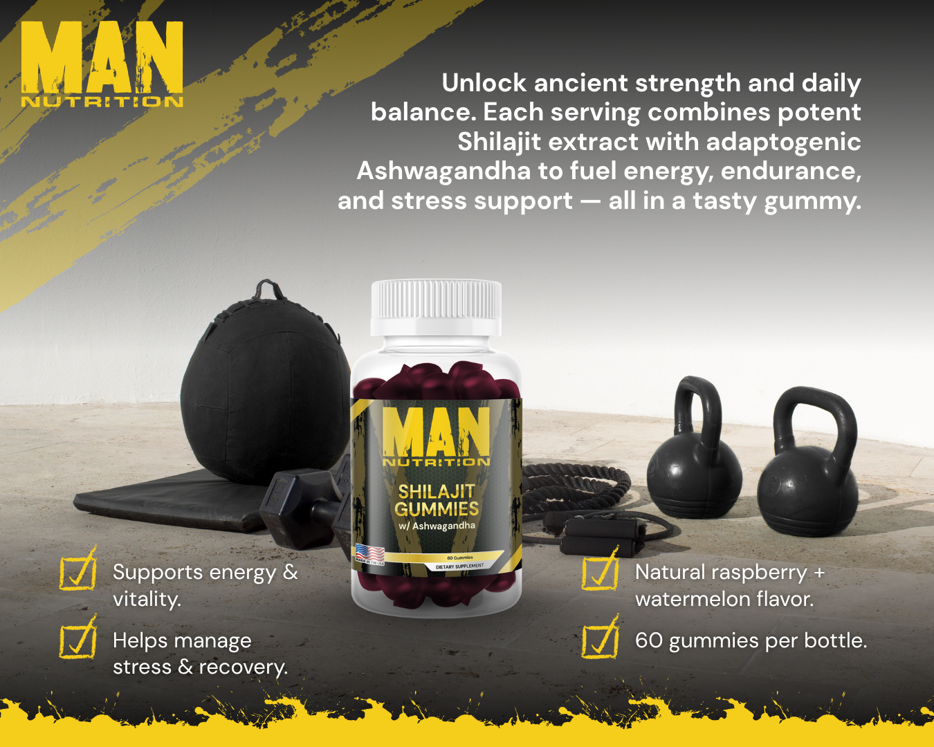 MAN Nutrition Shilajit Gummies packaging with fitness equipment on a gray background