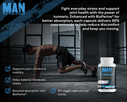Advertisement for MAN Nutrition turmeric supplement with a man exercising in the background.