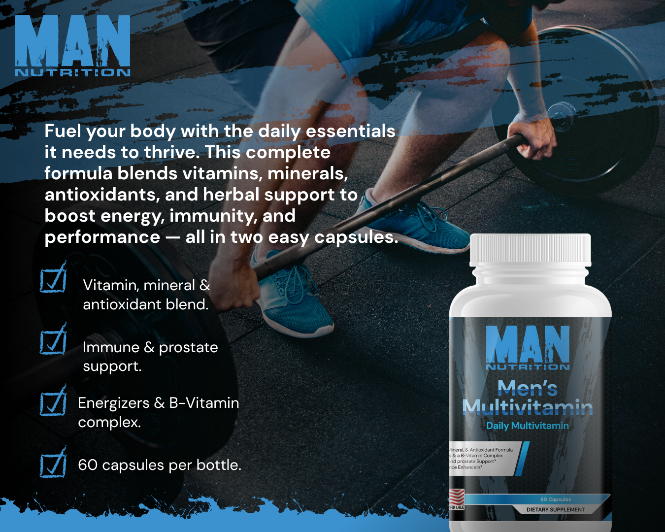 Advertisement for MAN Nutrition Men's Multivitamin with a person lifting weights in the background.
